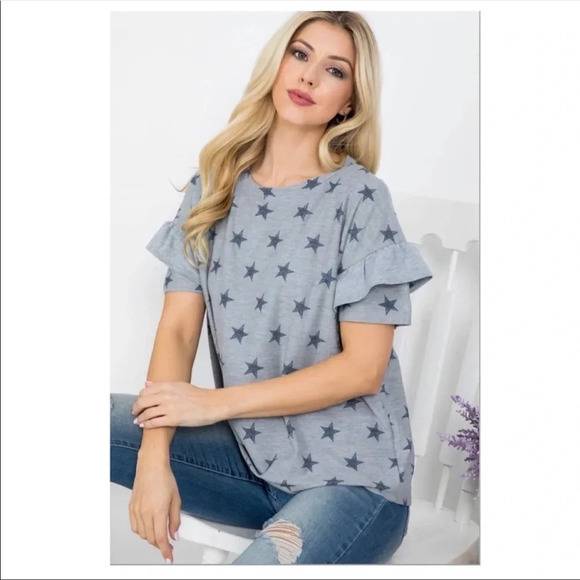 Chris & Carol Star Print Ruffle Sleeve Top — Gray Blue Patriotic Tee - Picture 3 of 9